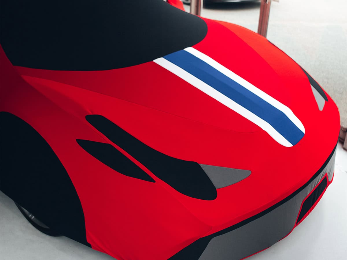 A close up image of an Indoor Silhouette cover designed to look like a Ferrari 458 Speciale.
