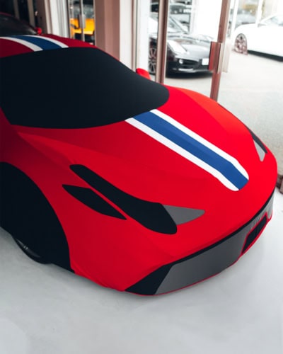 A close up image of an Indoor Silhouette cover designed to look like a Ferrari 458 Speciale.