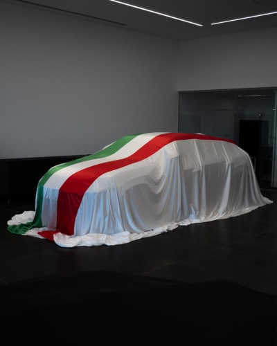 A picture of a Lamborghini with an Italian flag printed Indoor Reveal.