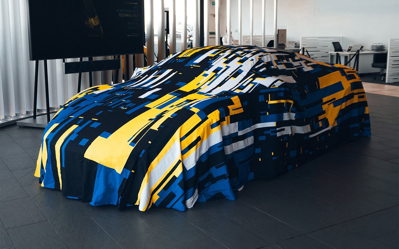 A bespoke printed pattern reveal cover in a showroom