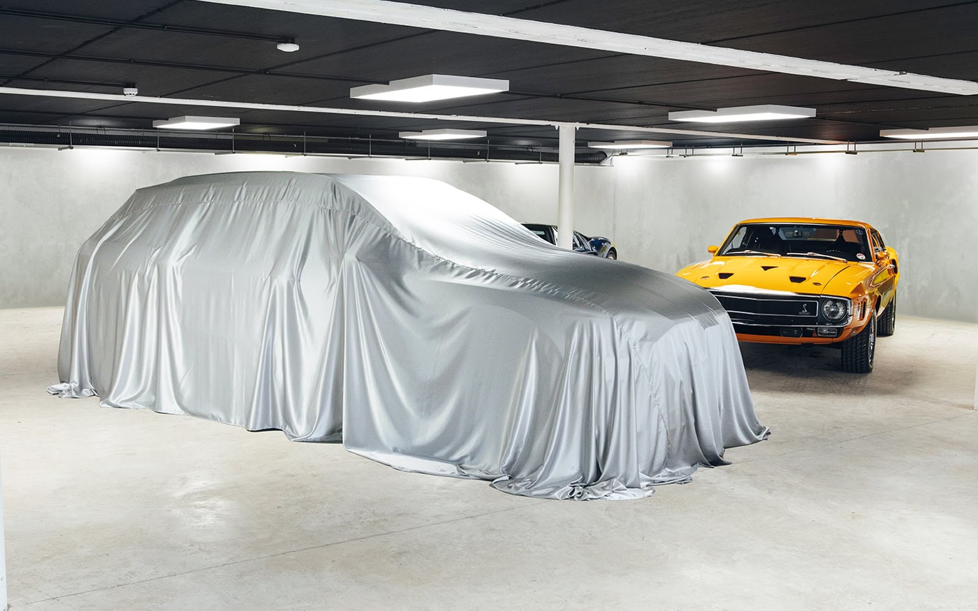 A car in a garage with a grey silk style reveal.