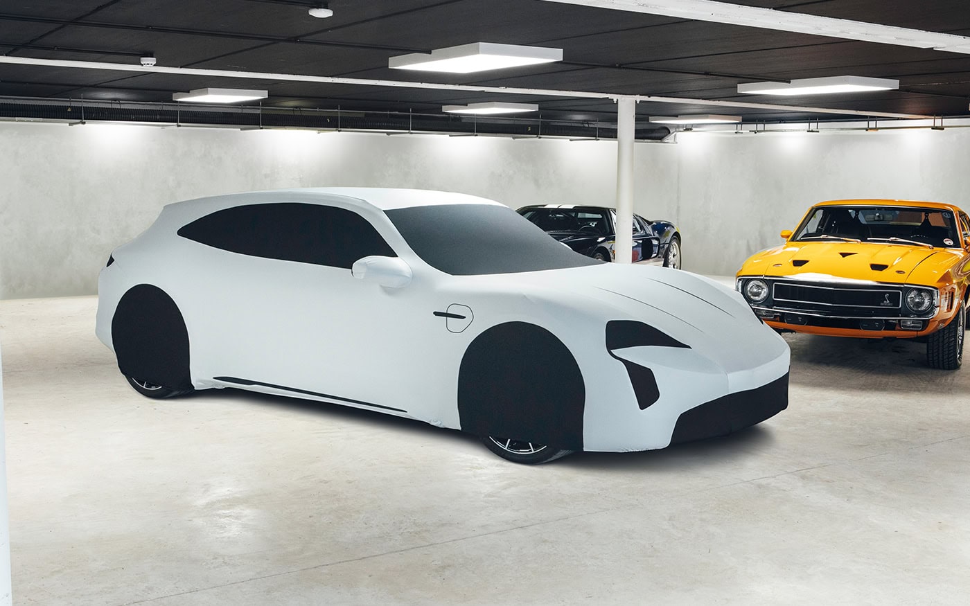 An Indoor Silhouette Car Cover on designed to look like a Porsche Taycan