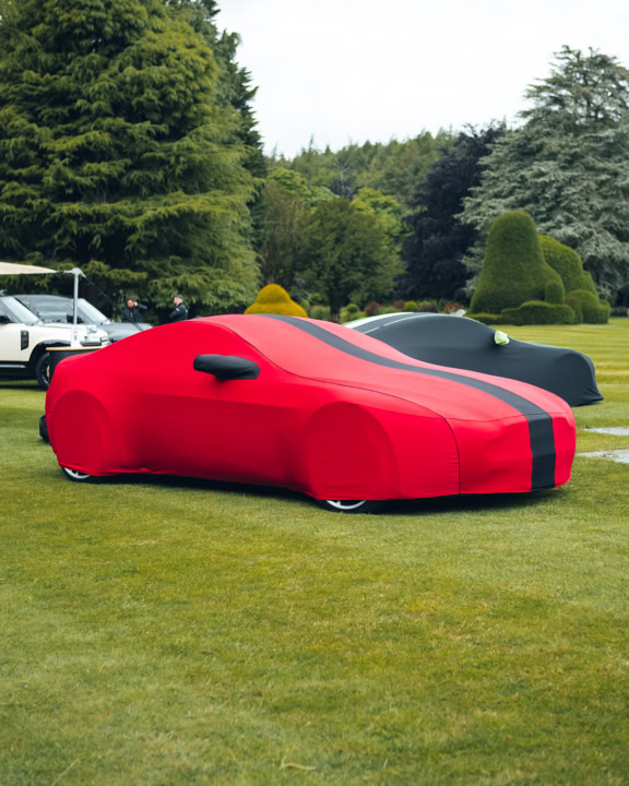 A picture of an Aston Martin with a red Indoor Plus cover with black stripes and piping.