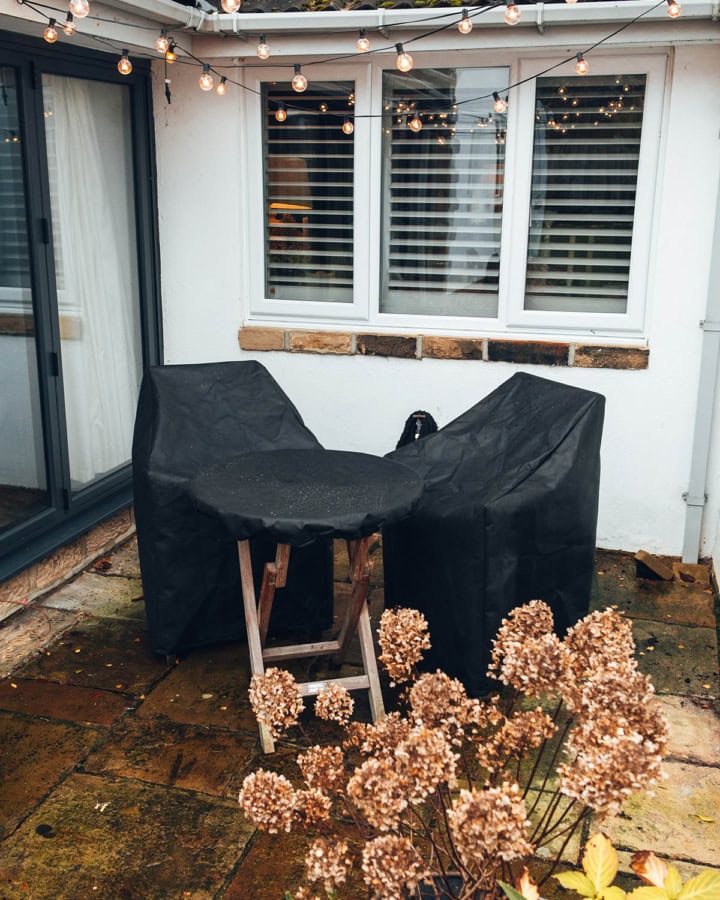 Chairs and Table covered in bespoke fit Garden Furniture Covers.